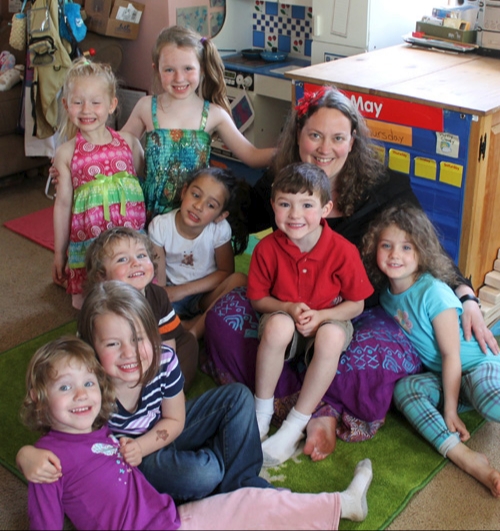 teacher beth sidel with some preschool students